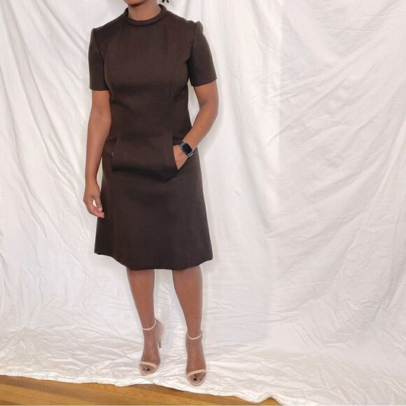 Vintage Chocolate Brown A-line MIDI Dress with pockets - Picture 3 of 11